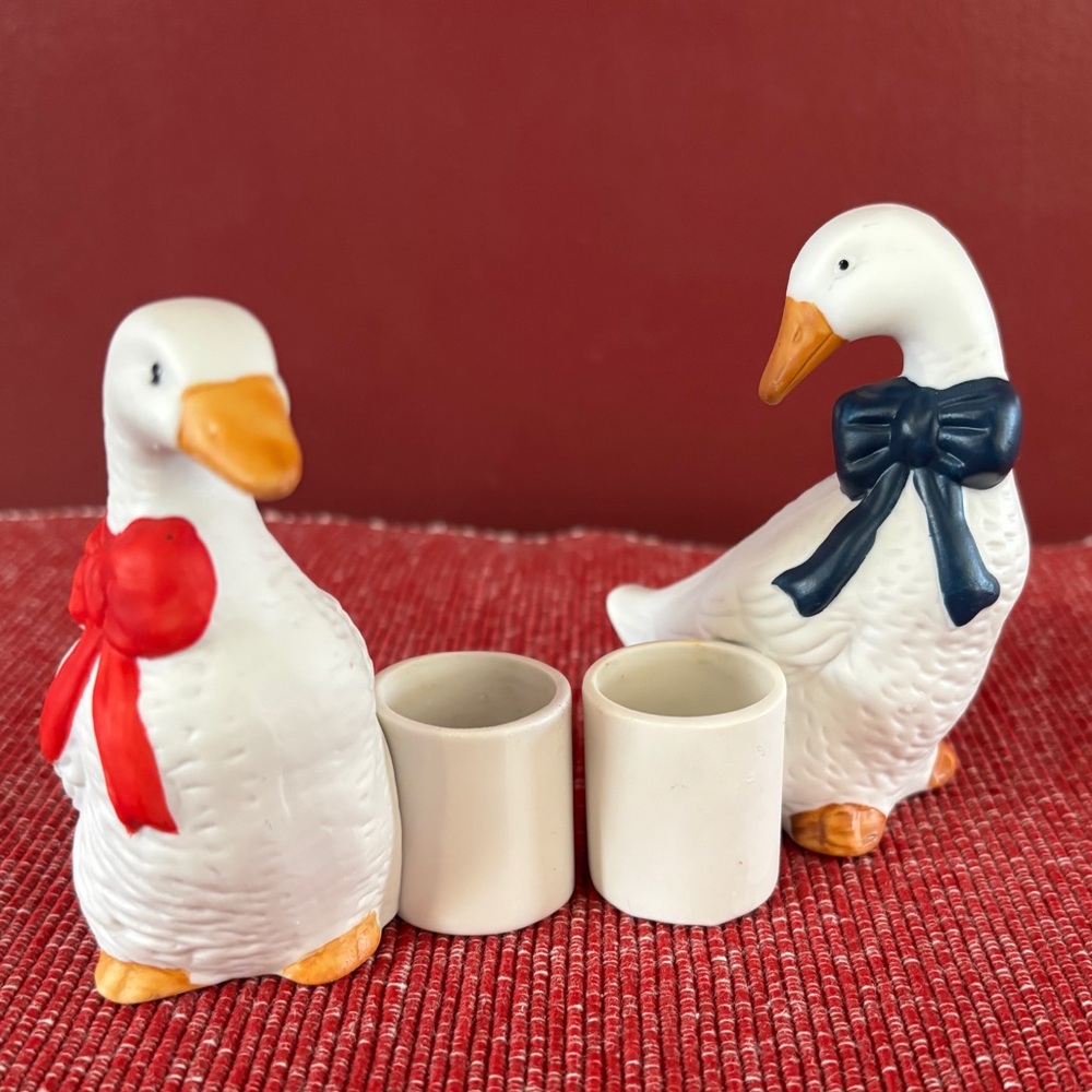 Vintage 80s 90s Geese with Bows Candle holders set of 2 Cottagecore